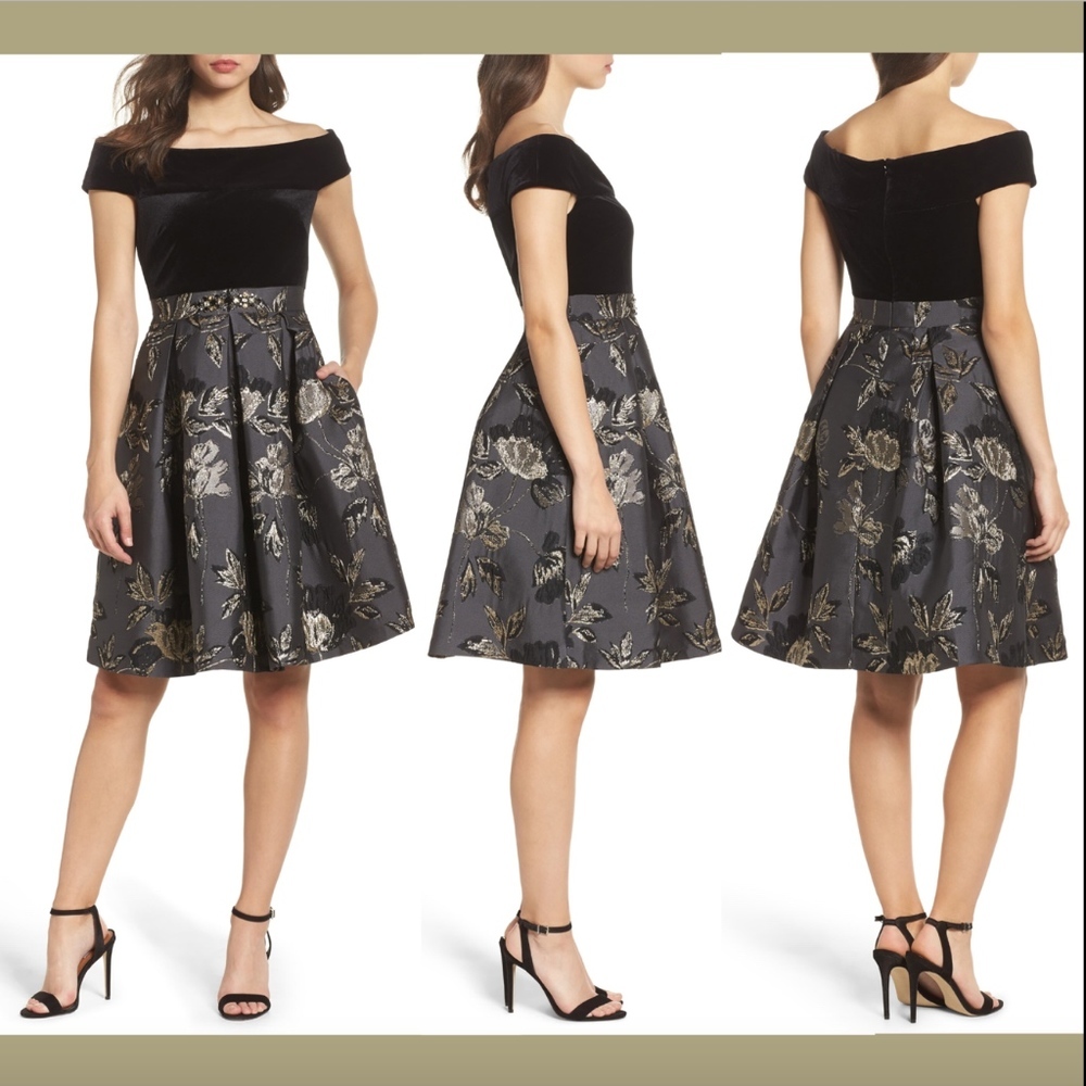 NWT Eliza J Off the Shoulder Velvet Metallic Dress Black/Grey/Gold [SZ 8P ] E602